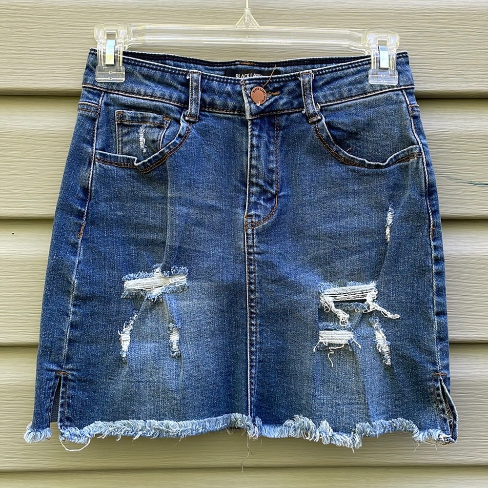 Medium Wash Distressed Denim Mini Skirt